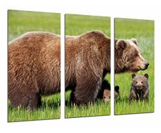 Tableau Moderne Photographique, Impression sur bois, Ours brun animal et oursons dans la nature sauvage, 97 x 62 cm, ref. 26801