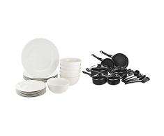 AmazonBasics Batterie de cuisine anti-adhÃ©sive 15 piÃ¨ces & Service de table en porcelaine pour 6 personnes 18 piÃ¨ces