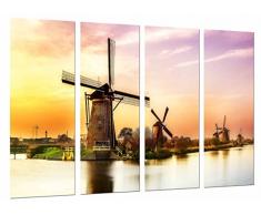 Tableau Moderne Photographique, Impression sur bois, Moulins vintage en Hollande, lac, 131 x 62 cm, ref. 26725