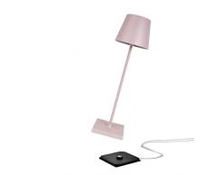 Zafferano Poldina Pro - Lampe de table LED à intensité variable en aluminium, Protection IP54, Utilisation intérieure/extérieure, Base de chargement par contact, H38cm, Prise UE - Rose