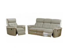 Salon relax électrique ANTONIA cuir blanc et microfibre gris 3+1