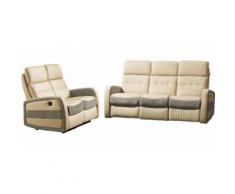 Salon relax électrique MARCO cuir beige et tissu gris 3+2