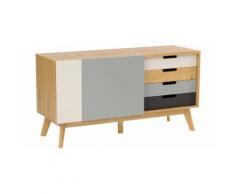 Buffet scandinave chêne naturel 2 portes 4 tiroirs multicolores