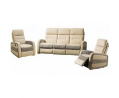 Salon relax électrique MARCO cuir beige et tissu gris 3+1+1
