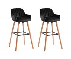 Lot de 2 tabourets de bar ELEANA - Velours & Métal Effet Bois - Noir