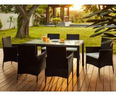 Salle à manger de jardin PALAWAN en résine tressée anthracite : une table + 6 fauteuils - assise blanche