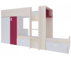 Lits superposés JULIEN - 2x90x190cm - Armoire intégrée - Pin blanc et fuschia