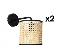 Lot de 2 appliques cannage style ethnique NEIROBI - Fer et rotin - H. 25 cm - Noir et Naturel