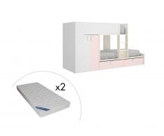 Lits Superposés JUANITO - Armoire intégrée - 2 x 90 x 190 cm - Blanc, chêne et rose + matelas