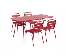 Salle à manger de jardin MIRMANDE en métal: une table L.160 cm et 4 chaises empilables - Rouge