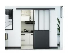 Porte coulissante atelier en applique ARTISTO - H205cm x L93cm - MDF noir et verre trempé transparent