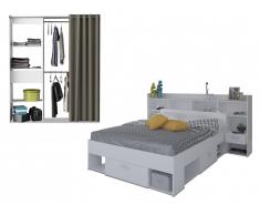 Pack CHAMBRE KYLIAN - Lit + tête de lit avec rangements 140x190-200 cm et dressing extensible KYLIAN L114/168cm - Blanc