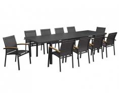 Salle à manger de jardin extensible NAURU en aluminium: une table extensible L220/300cm et 10 fauteuils empilables