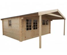 SOLDES - Abris de jardin chalet en bois NEVADA avec carport - surface 20m² + 9,5m² - épaisseur 45mm
