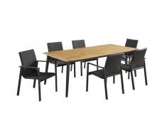 Salle à manger de jardin CANCUN en aluminium et acacia: une table L210cm et 6 fauteuils empilables