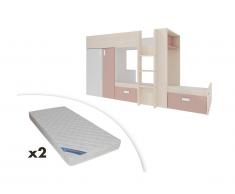 Lits superposés JULIEN - 2x90x190cm - Armoire intégrée - Blanc et rose poudré + 2 matelas ZEUS 90x190