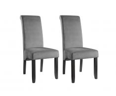Lot de 2 chaises DELINA - Velours matelassé & pieds bois - Gris clair