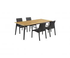 Salle à manger de jardin CANCUN en aluminium et acacia: une table L210cm et 4 fauteuils empilables