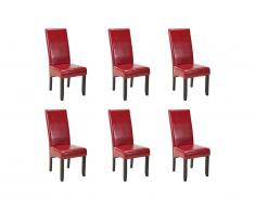 Lot de 6 chaises ROVIGO - Simili rouge brillant - Pieds bois foncé