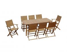 Salle à manger de jardin pliante en acacia: une table extensible L180/240cm + 2 fauteuils + 6 chaises - Rallonge papillon - NEMBY