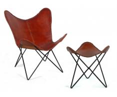 Fauteuil et repose-pieds Butterfly MOKOROA en cuir - Camel