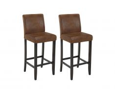 Lot de 2 tabourets de bar SANTOS - Microfibre aspect cuir vieilli - Pieds bois foncé