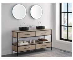 Ensemble salle de bain PLUNA - meuble sous vasque + double vasque + miroir - effet bois