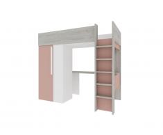 Lit mezzanine NICOLAS - 90 x 200 cm - avec armoire et bureau - Rose et blanc