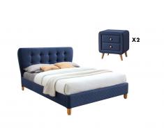 Ensemble lit 140 x 190 cm + 2 tables de chevet - Tissu bleu - ELIDE
