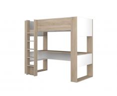 Lit mezzanine NOAH II avec bureau et rangements intégrés - 90 x 200 cm - Chêne et blanc
