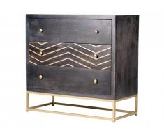 Commode art déco 3 tiroirs PRISMIN - Bois de manguier et métal - Noir et doré