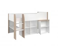 Lit combiné MARIA - Avec bureau et rangements - 90 x 200 cm - Coloris : blanc et chêne