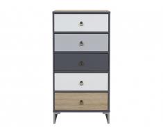 Chiffonnier ISILDE - 5 tiroirs - MDF Blanc, gris, chêne