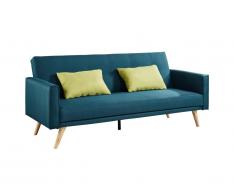 Canapé 3 places convertible en tissu DARVEL - Bleu canard et coussins vert pomme