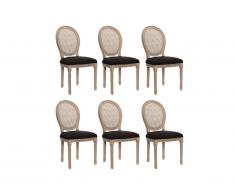 Lot de 6 chaises MARIE-ANTOINETTE en cannage - Tissu & Bois d'Hévéa - Noir