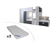 Lits superposés JULIEN - 2x90x190cm - Armoire intégrée - Pin blanc et noir + 2 matelas ZEUS 90x190