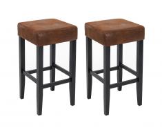 Lot de 2 tabourets de bar JONES - Tissu effet cuir vieilli et pieds bois - Marron