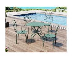 Salle à manger de jardin en métal façon fer forgé : une table et 4 fauteuils - Vert amande - GUERMANTES