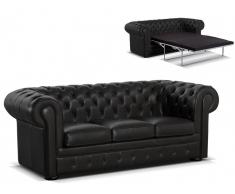 Canapé Chesterfield 3 places convertible en cuir LONDRES - Cuir luxe Noir