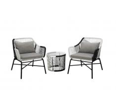 Salon de jardin ALMADA en fils de résine tressée et verre trempé : deux fauteuils et une table basse