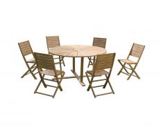 Salle à manger de jardin CALLAO en acacia: une table ronde D.150cm et 6 chaises pliantes