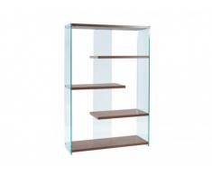 Bibliothèque HARRIET - 4 étagères - Verre trempé & MDF - Coloris : Noyer