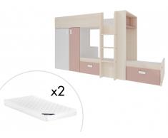Lits superposés JULIEN - 2x90x190cm - Armoire intégrée - Blanc et rose poudré + matelas