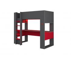 Lit mezzanine gamer NOAH avec bureau et rangements intégrés - 90 x 200 cm - Avec LEDs - Anthracite et rouge