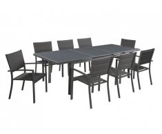 Salle à manger de jardin extensible OLERON en aluminium: une table extensible L180/240cm et 8 fauteuils empilables - Rallonge automatique