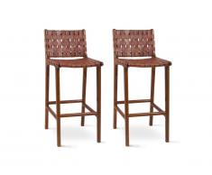 Lot de 2 tabourets de bar TAIKA - Teck massif & Cuir effet vieilli