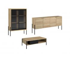 Pack "Séjour industriel" MEMPHIS : Table basse + Buffet + Vitrine - Chêne / noir