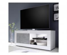 Meuble TV COMETE - LEDs - 1 Porte & 1 niche - Blanc laqué et béton