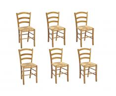Lot de 6 chaises PAYSANNE - Hêtre massif teinté chêne, paille de riz
