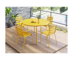 Salle à manger de jardin en métal - une table D.110cm et 4 fauteuils empilables jaune - MIRMANDE